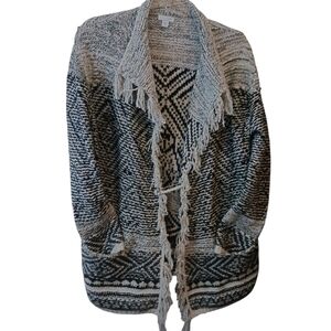 J. Jill Open Cardigan Sweater Wool Blend Fringe Pockets Fits 2,4,6 Boho Aztec xs